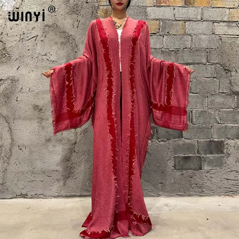 WINYI Mode Kimono Herbst Cover-up Elegante Strickjacke sexy Maxi Strand Badeanzug Kleid einfarbig handgemachte alte Wind Mantel Vestidos