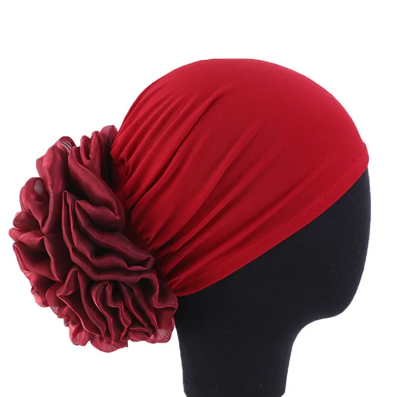 Turban-Kappen mit großer Blume für Frauen, muslimische Kopfbedeckung, Motorhaube, bereit zum Tragen, einfarbig, weibliche Kopfwickel, Krebs-Chemo-Kappe Image