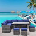 Rosefray -piece Grey & Blue Outdoor Sectional Sofa Set: Pe Rattan Patio Furniture w/ Dining Table, Chairs, Ottomans, & Cushions in Blue/Gray | Wayfair