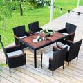 BOMO 7-Piece Outdoor Patio Dining Set, Garden PE Rattan Wicker Dining Table & Chairs Set, Acacia Wood Tabletop, Stackable Armrest Chairs w/ Cushions | Wayfair