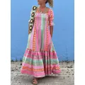 Robes Maxi Plissées Patchwork Imprimées à Rayures pour Femmes Manches Courtes Taille Ronde Sexy