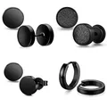 Boucles d'oreilles créoles Huggie Hoop en acier inoxydable pour hommes disque rond noir faux