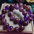 Bracelet en cacoxénite naturel véritable pour femmes perles rondes fantôme violet Bracelet