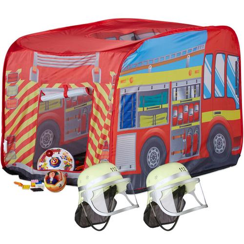 3 tlg. Feuerwehr Set, Spielzelt Feuerwehr, 2x Feuerwehrhelm Kinder, Kinderzelt für Drinnen &