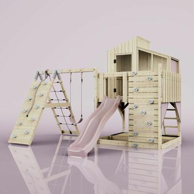 Polarplay - Rebo Outdoor Spielturm mit Wellenrutsche Spielhaus aus Holz mit Kinderschaukel,