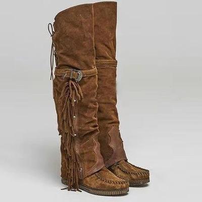 Women's Moccasin Suede Fringe Knee-High Boots - Vintage Boho Style, Embroidered Details, Comfortable Sole, Perfect for Festival Wear and Casual Outfits