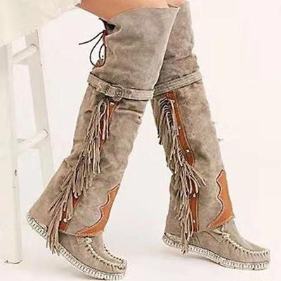 Women's Moccasin Suede Fringe Knee-High Boots - Vintage Boho Style, Embroidered Details, Comfortable Sole, Perfect for Festival Wear and Casual Outfits