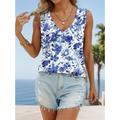 Women's Tank Top Floral Print Blue Sleeveless Elegant Ladies V Neck Summer