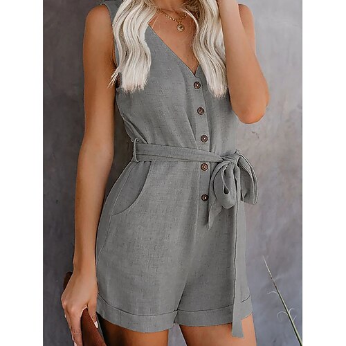 Damen Jumpsuit ärmellos V-Ausschnitt Knopfleiste vorne Taillenbund einfarbig leinenartig lässig elegant Sommer Frühling Einteiler Outfit Image
