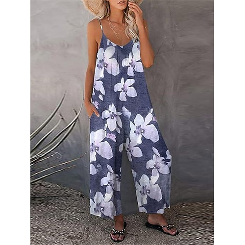 Damen Normal Jumpsuit Strassenmode Blumen Ärmellos U-Ausschnitt Bedruckt Strasse Täglich Regular Fit Khaki Grau Sommer Image