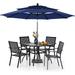 durable VILLA Outdoor 10ft Patio Umbrella Set for 4 with 5 Pieces Dining Table Chairs Metal Outdoor Stackable Wrought Iron Chair Set of 4 & 37 Metal Table 3 Tier Vented Dark Blu