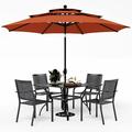 durable VILLA Outdoor 10ft Patio Umbrella Set for 4 with 5 Pieces Dining Table Chairs Metal Outdoor Stackable Wrought Iron Chair Set of 4 & 37 Metal Table 3 Tier Vented Dark Blu