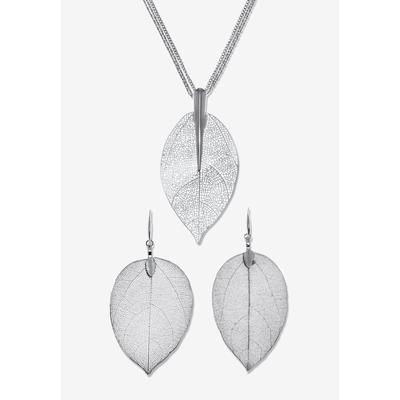 Women's Silvertone Leaf Necklace And Drop Earrings Set, 26 Inches, Plus 2 Inch Extension by PalmBeach Jewelry in Silver