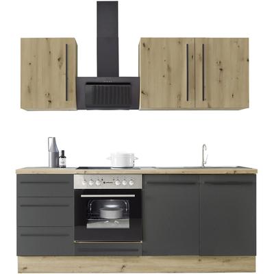 Küchenzeile KOCHSTATION "KS-Florida mit 38mm starker Arbeitsplatte", schwarz (front: schwarz, korpus: artisan eichefarben, arbeitsplatte: artisan eichefarben), B:210cm T:60cm, Komplettküchen-Sets, Breite 210 cm, wahlweise mit E-Geräten,... Image