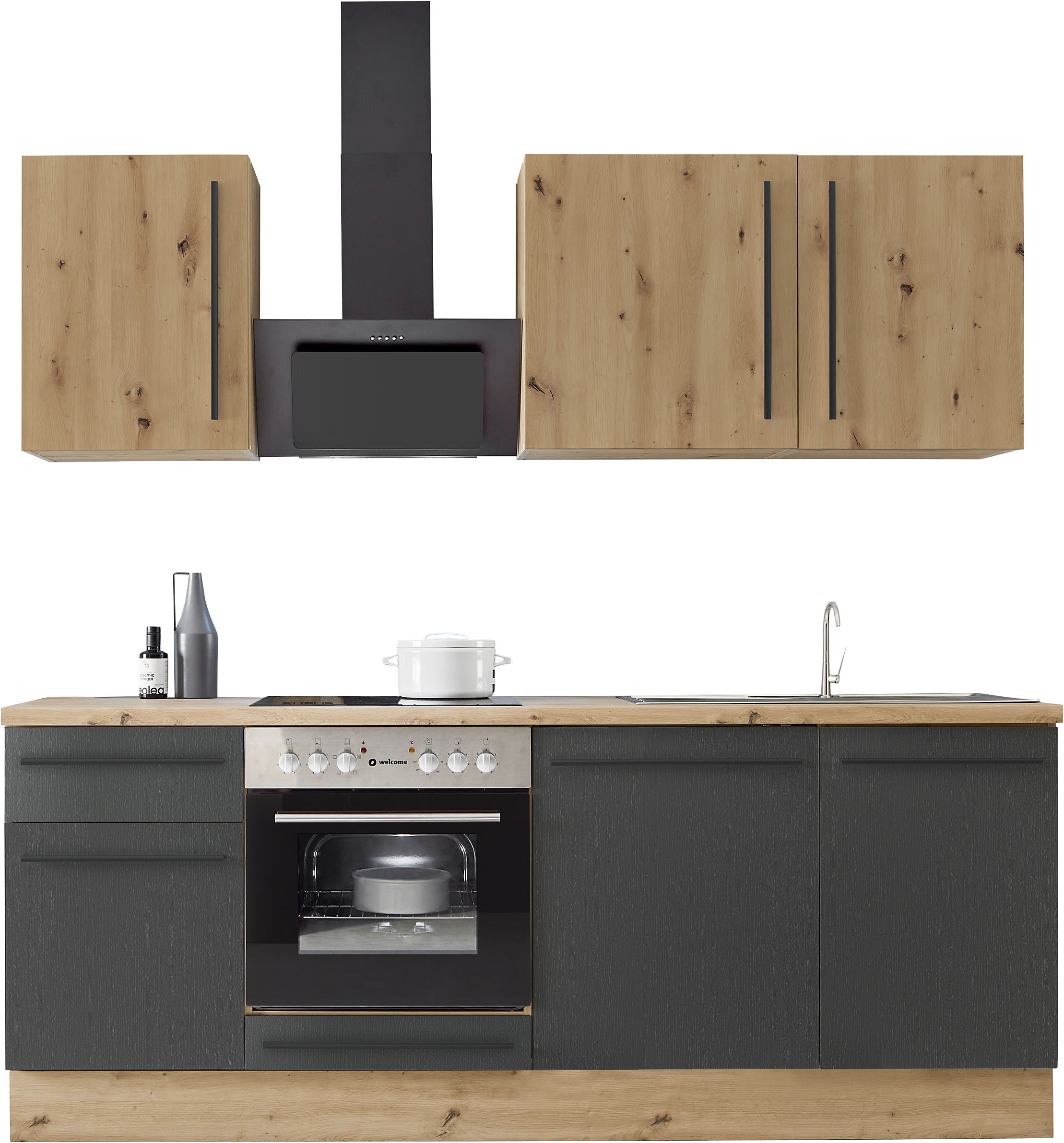 Küchenzeile KOCHSTATION "Florida mit 38mm starker Arbeitsplatte", schwarz (küche: schwarz, front: schwarz, korpus: artisan eichefarben, arbeitsplatte: artisan eichefarben), B:220cm T:60cm, Komplettküchen-Sets, Breite 220 cm, wahlweise mit E-Geräten,... Image