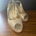 Jessica Simpson Shoes | Jessica Simpson Platinum Gold Nude Platform Cork Heel Peep Toe Slingback Pumps | Color: Cream/Gold | Size: 8.5
