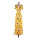 Lulus Casual Dress - Wrap V Neck Short sleeves: Yellow Floral Dresses - Women's Size X-Small