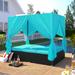 Outdoor Sofa Bed Wicker Blue Sunbed Daybed w/ Canopy & Adjustable Seat