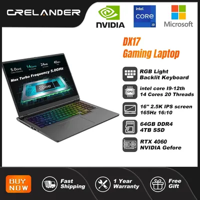 CRELANDER Laptop Gamer 16 Inch Intel Core i9 Processor 2.5k IPS Screen 165Hz RTX 4080 RAM 64GB 4TB SSD Notebook Gaming Laptop