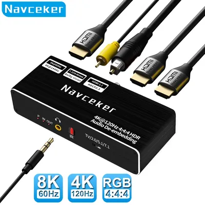 HDMI 2.1 Audio Extractor Konverter 4K 120Hz HDMI 2.1 Audio Konverter 8K HDMI zu HDMI Audio + Video + Digitales Koaxial-Audio + Aux-Audio