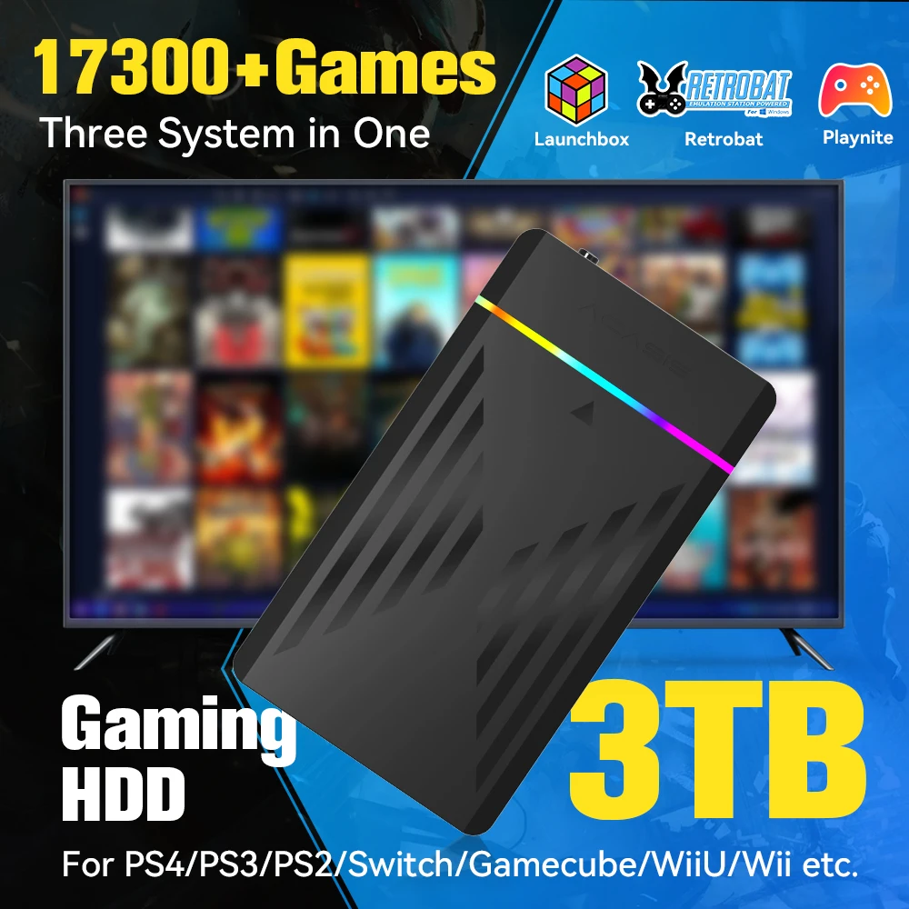 3 TB tragbare Gaming-HDD-LaunchBox/Retrobat/Playnite-Retro-Spielekonsole mit 17300+ AAA/3D/Retro-Spielen für PS4/PS3/PS2/Switch/Wii