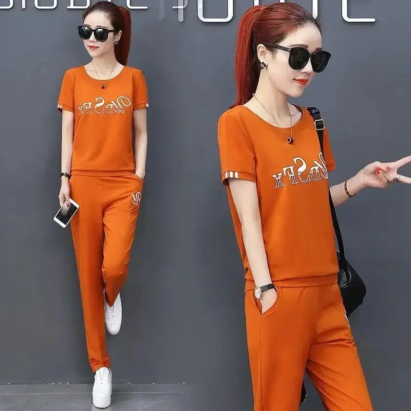 Frauen Koreanische Lose Sport Anzug 2025, Frühling Sommer Neue Kurzarm Tops Und Hose Zwei Stück Sets Student Beiläufige Laufende Outfits Image