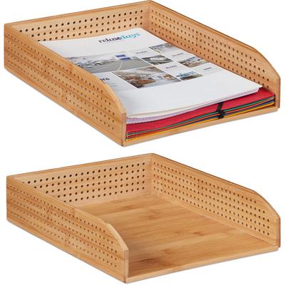 2 x Dokumentenablage Bambus, perforiert, stapelbar, A4, Schreibtischablage, Büro, Ablage HBT: ca 7 Image