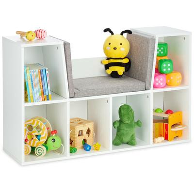 Bücherregal mit Sitzkissen, Kinderregal mit 6 Fächern, 63x103x30 cm, gepolstert, Sitzbank