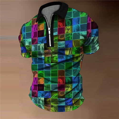 Herren Grafik Poloshirts mit Reißverschluss Golfshirt Kurzarm Polo-Shirts Hemden mit Kragen Lässig Urlaubskleidung Rave-Kleidung Party-Outfits 3D-Druck Viertelreißverschluss-Poloshirt Fuchsie Grün Image