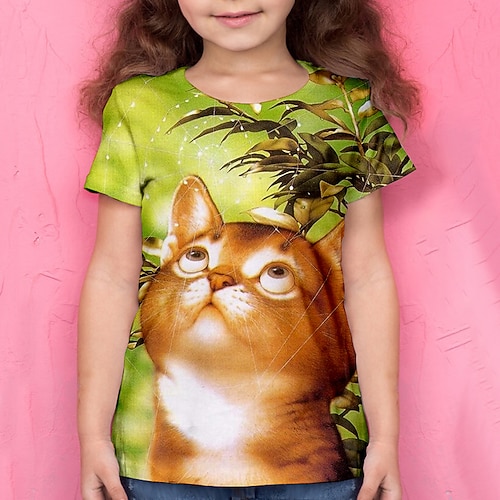 Mädchen 3D Tier Katze T-Shirt Kurzarm 3D-Druck Sommer Aktiv Polyester kinderkleidung 4-12 Jahre Schulanfang Freizeitskleidung Regular Fit Image