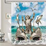 Funny Cat Shower Curtain Fun Animal in Bathtub with Fish Cloth Fabric Shower Curtain Hilarious Pet Bathroom Decor Set with