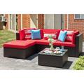 Vongrasig 5 Piece All-Weather Brown PE Wicker Outdoor Couch Sectional Patio Set Small Patio Conversation Set Garden Patio Sofa Set w/Ottoman Glass Table Red