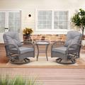 3 Pieces Outdoor Rocking Patio Set Indoor 360 Degree Rocker Chairs with Thickened Cushions and Glass Coffee Table for Deck Garden Backyard Gray