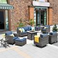 HOOOWOOO Patio Outdoor Conversation Set with Fire Pit Table 6 Pieces Outside Furniture Sofa Set with PE Wicker Swivel Rocking Chairs Gas Fire Pit Table and Coffee Side Table Denim Blue
