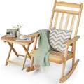 2 Pieces Patio Rocking Chair & Table Set Solid Fir Wood Rocker with Folding Side Table Indoor Outdoor Rocking Bistro Set for Balcony Porch Backyard Garden Natural