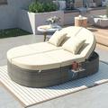 2-Person Outdoor Daybed Patio Sofa Bed with Cushions and Pillows Rattan Garden Reclining Chaise Lounge with Adjustable Backrests and Foldable Cup Trays for Lawn Poolside Beige