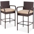 HElectQRIN Set of 2 Wicker Bar Stools Indoor Outdoor Bar Height Chairs w/ Cushion Footrests Armrests for Backyard Patio Pool Garden Deck - Brown