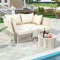 OverPatio 2pcs Outdoor Sunbed and Coffee Table Set Patio Double Chaise with Clear Tempered Glass Table Loveseat Daybed for the patio poolside (Beige Cushion + Natural Rope)