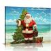 Gotuvs Oil Painting Canvas Artworks Funny Santa Claus Christmas Tree on Beach Photo Prints Wall Art Blue Ocean Sky Seascape Stretched and Framed Poster Pictures for Kitchen 20x16in