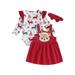 Lieserram Baby Toddler Girls 3 Piece Christmas Outfit 0 3 6 9 12 18 Months Elk Print Ribbed Romper and Corduroy Suspender Dress Cute Headband Fall Clothes Set