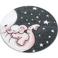 Bravich Kids Nursery Rug Large Circular Round Pink/Grey/White Baby Elephant & Stars Design Pastel Colours Super Soft Thick Anti-Allergic Children's Bedroom Nursery Area Rug 160cm Circle (5ft3)