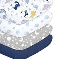 Plushii 4 Pack Fitted Crib Sheets for Baby Boys, 28"x 52" Extra Soft Microfiber Crib Sheet Set for Standard Crib & Toddler Mattress Pad, Dinosaur & Elephant & Stars & Navy Blue