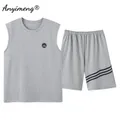 Mens Sleeveless Pajamas Set L-4XL Summer Cotton Vest Singlet Loungewear 2 Pieces Set Shorts