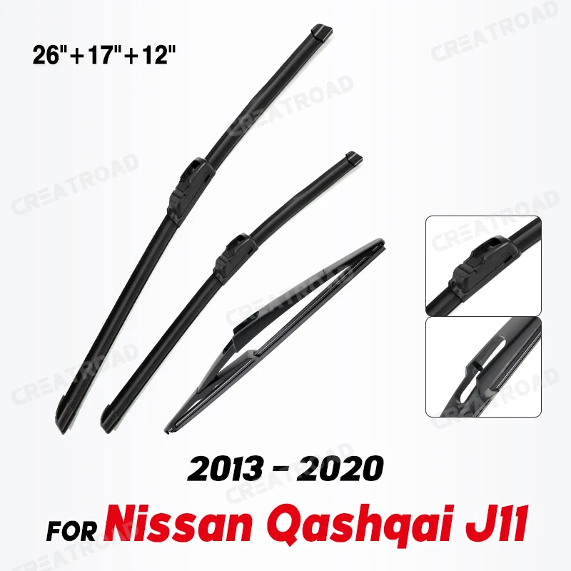 Scheibenwischer vorne und hinten, Set für Nissan Qashqai J11 2013–2020, Windschutzscheibe, Windschutzscheibe, Fensterbürsten, 26 Zoll + 17 Zoll + 12 Zoll Image