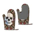 XMXT 2 Pcs Silicone Oven Mitts Floral Skull Heart Arrow Pattern Thickened Non-Slip BBQ Gloves Multicolor