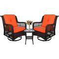 durable 3-Piece Patio Rocking Chairs Wicker Bistro Set Cushioned Outdoor Glider Swivel Chair Rattan Sets with Thickened Cushion and Glass-Top Coffee Table (Orange Cushion)