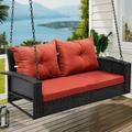 2-Seats Wicker Hanging Porch Swing Chair Outdoor Black Rattan Patio Swing Lounge w/ 2 Back Cushions Capacity 530lbs for Garden Balcony Living Room Red