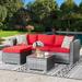 durable Outdoor Patio Sets Low Back All-Weather Small Rattan Sectional Sofa with Tea Table&Washable Couch Cushions Upgrade Wicker Silver Gray Rattan 3-Piece (Aegean Blue)