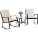 3 Piece Outdoor Rocking Chair Set PE Wicker Rattan Small Bistro Set Front Porch Furniture Rocking Chairs Set of 2 Cushioned Patio Rocker Chair Set with Glass Table (Beige)