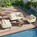 4-Piece Patio Iron Frame Conversation Set 1 Loveseat Sofa & 2 Single Armchair with Wood Round Coffee Table Outdoor Furniture Sets for Porch Backyard Balcony Poolside Indoor Beige